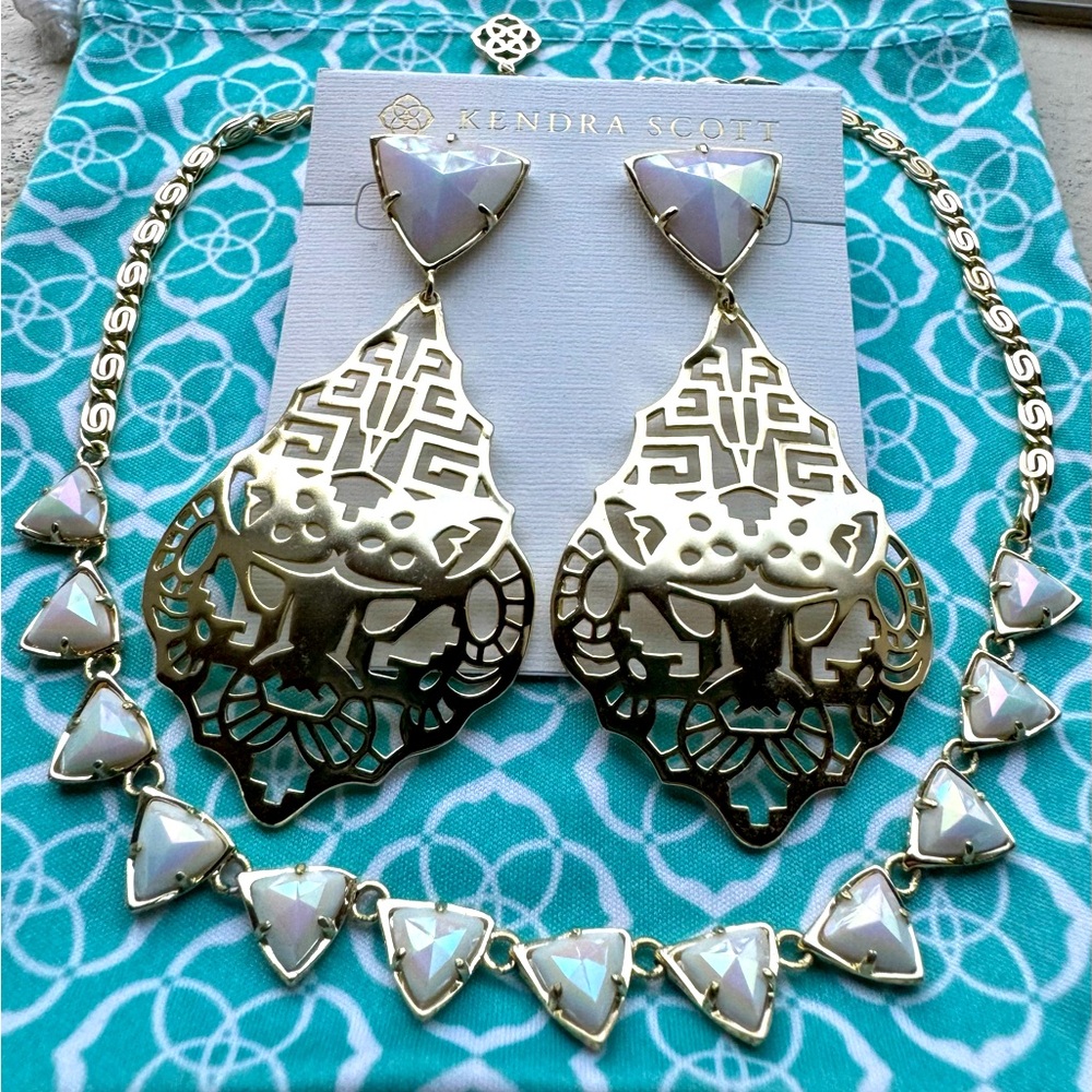Kendra Scott Nichole Earrings and Andrea Necklace in white iridescent and gold